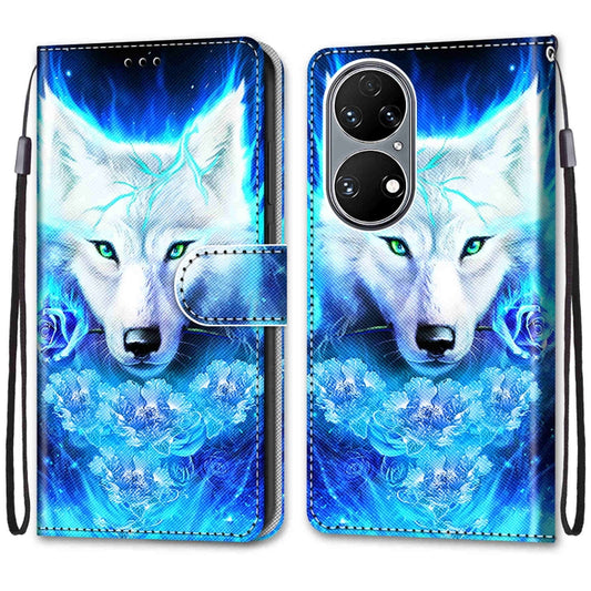 For Huawei P50 Coloured Drawing Cross Texture Horizontal Flip PU Leather Case with Holder & Card Slots & Wallet & Lanyard(Dick Rose Wolf) by buy2fix