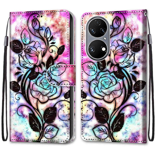 For Huawei P50 Coloured Drawing Cross Texture Horizontal Flip PU Leather Case with Holder & Card Slots & Wallet & Lanyard(Color Bottom Hollow Flower) by buy2fix