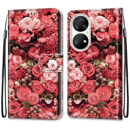 For Huawei P50 Pro Coloured Drawing Cross Texture Horizontal Flip PU Leather Case with Holder & Card Slots & Wallet & Lanyard(Pink Rose Garden) by buy2fix