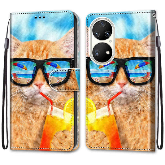 For Huawei P50 Pro Coloured Drawing Cross Texture Horizontal Flip PU Leather Case with Holder & Card Slots & Wallet & Lanyard(Cat Drinking Soda) by buy2fix