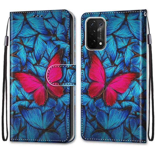 For OPPO A93 5G / A93s 5G / A54 5G / A74 5G Coloured Drawing Cross Texture Horizontal Flip PU Leather Case with Holder & Card Slots & Wallet & Lanyard(Blue Red Butterfly) by buy2fix