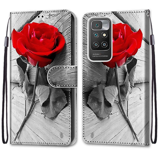For Xiaomi Redmi 10 Coloured Drawing Cross Texture Horizontal Flip PU Leather Case with Holder & Card Slots & Wallet & Lanyard(Wood Red Rose) by buy2fix