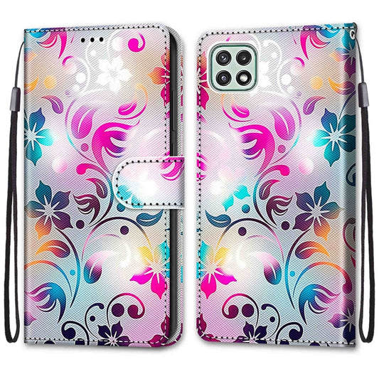 For Samsung Galaxy A22 5G Coloured Drawing Cross Texture Horizontal Flip PU Leather Case with Holder & Card Slots & Wallet & Lanyard(Gradient Colorful Flower) by buy2fix