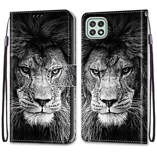 For Samsung Galaxy A22 5G Coloured Drawing Cross Texture Horizontal Flip PU Leather Case with Holder & Card Slots & Wallet & Lanyard(Black White Lion Head) by buy2fix