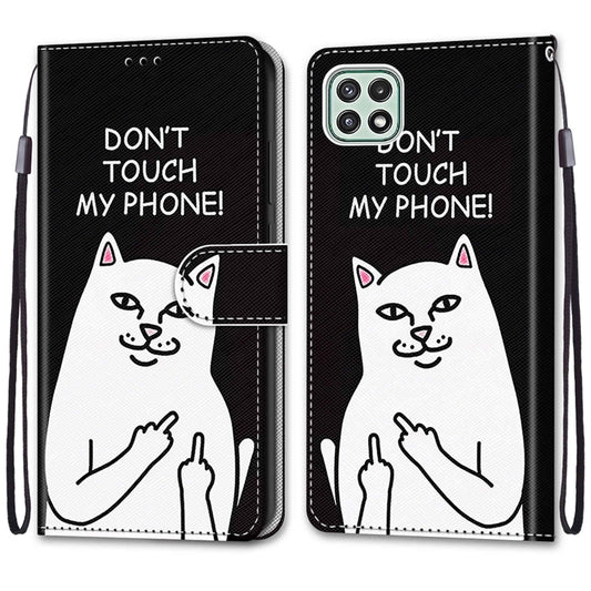 For Samsung Galaxy A22 5G Coloured Drawing Cross Texture Horizontal Flip PU Leather Case with Holder & Card Slots & Wallet & Lanyard(Middle Finger White Cat) by buy2fix