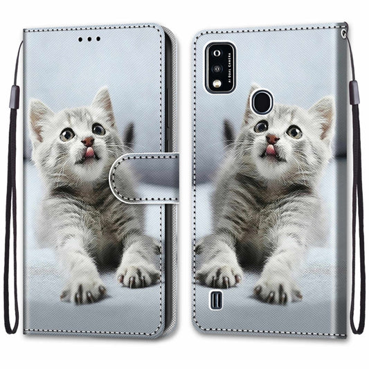 For ZTE Blade A51 Coloured Drawing Cross Texture Horizontal Flip PU Leather Case with Holder & Card Slots & Wallet & Lanyard(Small Gray Cat) by buy2fix