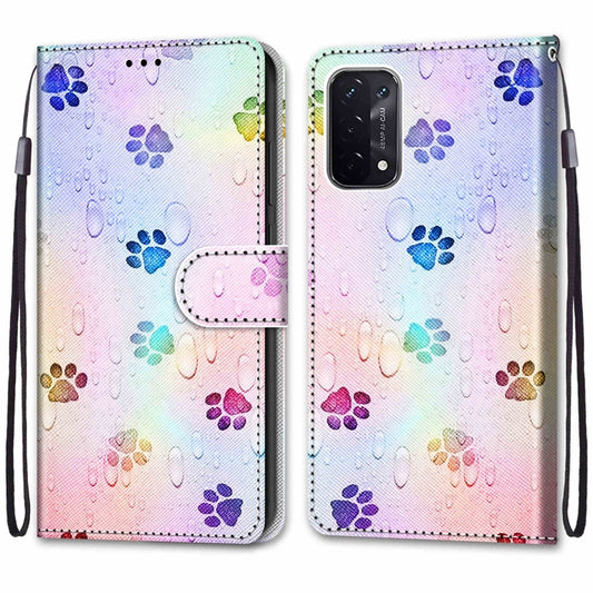 For OPPO A54 5G / A74 5G / A93 5G / A93s 5G Coloured Drawing Cross Texture Horizontal Flip PU Leather Case with Holder & Card Slots & Wallet & Lanyard(Footprint Water Drops) by buy2fix