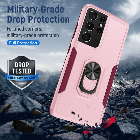 For Samsung Galay S21 Ultra 5G Pioneer Armor Heavy Duty PC + TPU Shockproof Case with Holder(Pink) by buy2fix