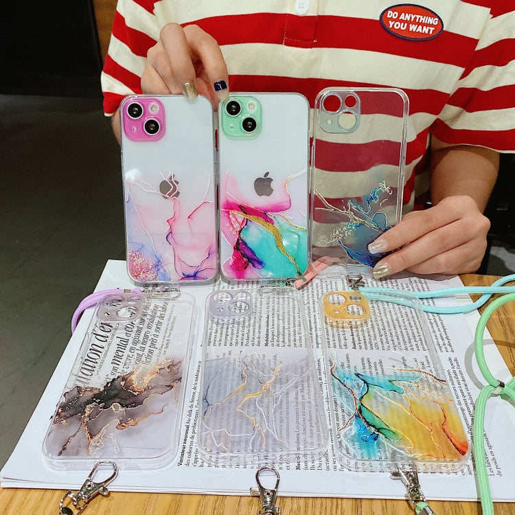 For iPhone 13 Hollow Marble Pattern TPU Precise Hole Protective Case with Neck Strap Rope(Blue) by buy2fix