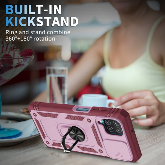 For Samsung Galaxy A12 Sliding Camera Cover Design TPU + PC Protective Case with 360 Degree Rotating Holder & Card Slot(Pink+Dark Red) by buy2fix