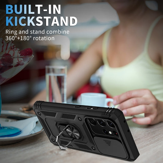 For Samsung Galaxy S21 Ultra 5G Sliding Camera Cover Design TPU + PC Protective Case with 360 Degree Rotating Holder & Card Slot(Black+Black) by buy2fix
