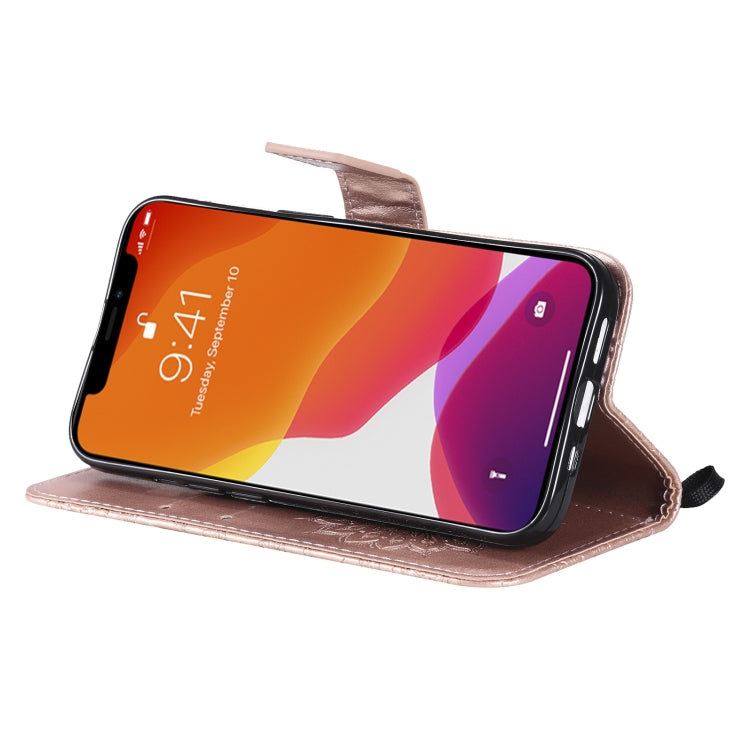 For iPhone 13 Pressed Printing Sunflower Pattern Horizontal Flip PU Leather Case Holder & Card Slots & Wallet & Lanyard(Rose Gold) by buy2fix