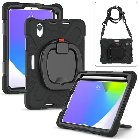 For iPad mini 6 / mini 2024 Heavy Duty Silicone Hybrid PC Tablet Case with Holder & Shoulder Strap(Black+Black) by buy2fix