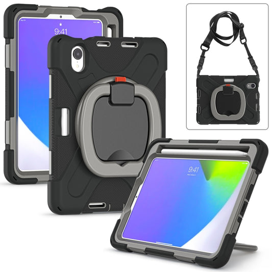 For iPad mini 6 / mini 2024 Heavy Duty Silicone Hybrid PC Tablet Case with Holder & Shoulder Strap(Black+Grey) by buy2fix