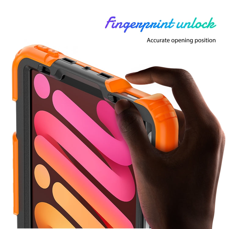 For iPad mini 2024 / mini 6 Shockproof Silicone + PC Protective Tablet Case with Holder & Shoulder Strap & Pen Slot(Black + Orange) by buy2fix