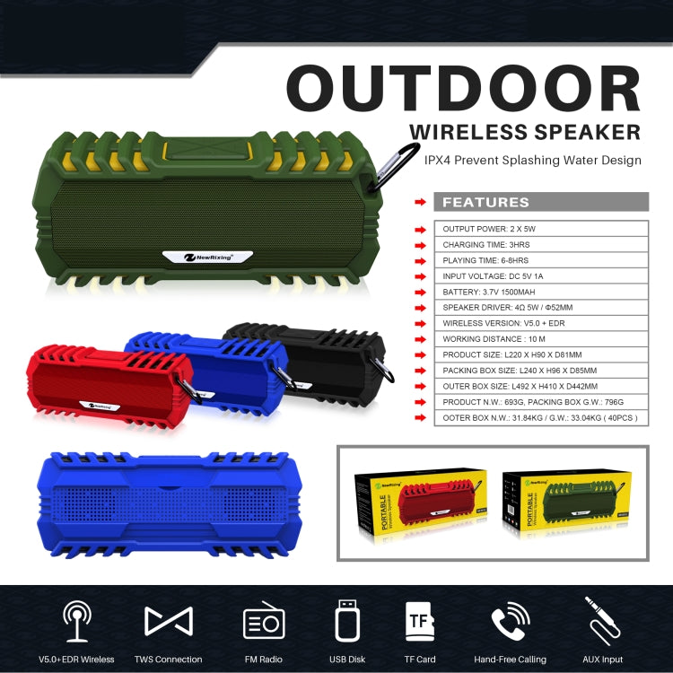 NewRixing NR-5015 Outdoor Portable Bluetooth Speakerr with Hook, Support Hands-free Call / TF Card / FM / U Disk(Green) - Desktop Speaker by NewRixing | Online Shopping UK | buy2fix