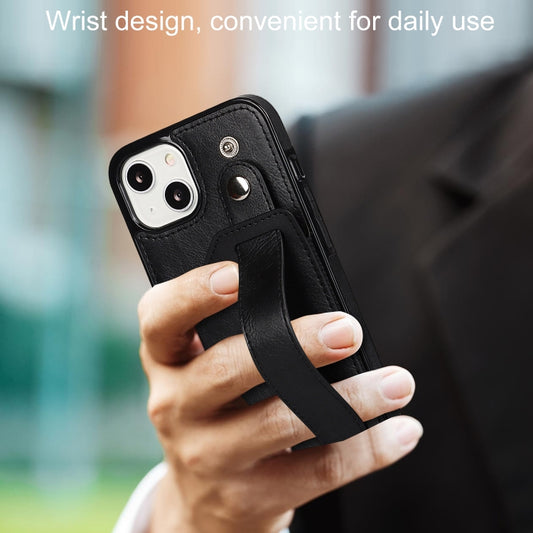 For iPhone 13 Crazy Horse Texture Shockproof TPU + PU Leather Case with Card Slot & Wrist Strap Holder(Black) by buy2fix