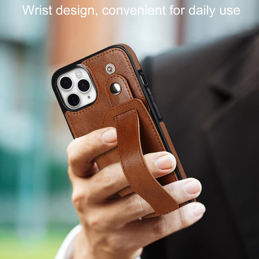 For iPhone 11 Pro Crazy Horse Texture Shockproof TPU + PU Leather Case with Card Slot & Wrist Strap Holder (Brown) by buy2fix