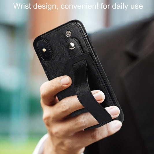 For iPhone X / XS Crazy Horse Texture Shockproof TPU + PU Leather Case with Card Slot & Wrist Strap Holder(Black) by buy2fix