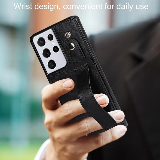 For Samsung Galaxy S21 Ultra 5G Crazy Horse Texture Shockproof TPU + PU Leather Case with Card Slot & Wrist Strap Holder(Black) by buy2fix
