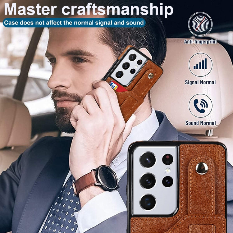 For Samsung Galaxy S21 Ultra 5G Crazy Horse Texture Shockproof TPU + PU Leather Case with Card Slot & Wrist Strap Holder(Brown) by buy2fix