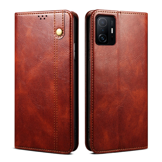 For Xiaomi 11T Pro Simple Wax Crazy Horse Texture Horizontal Flip Leather Case with Card Slots & Holder & Wallet(Brown) by buy2fix