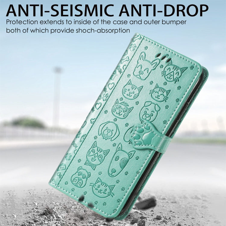 For Motorola Moto Edge 20 Lite Lovely Cat and Dog Embossing Pattern Horizontal Flip Leather Case , with Holder & Card Slots & Wallet & Cartoon Clasp & Lanyard(Green) by buy2fix