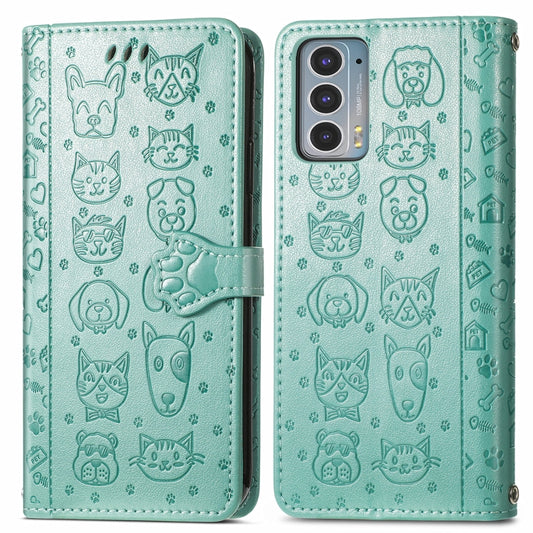 For Motorola Moto Edge 20 Lovely Cat and Dog Embossing Pattern Horizontal Flip Leather Case , with Holder & Card Slots & Wallet & Cartoon Clasp & Lanyard(Green) by buy2fix