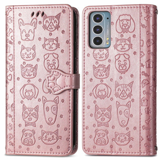 For Motorola Moto Edge 20 Lovely Cat and Dog Embossing Pattern Horizontal Flip Leather Case , with Holder & Card Slots & Wallet & Cartoon Clasp & Lanyard(Rose Gold) by buy2fix