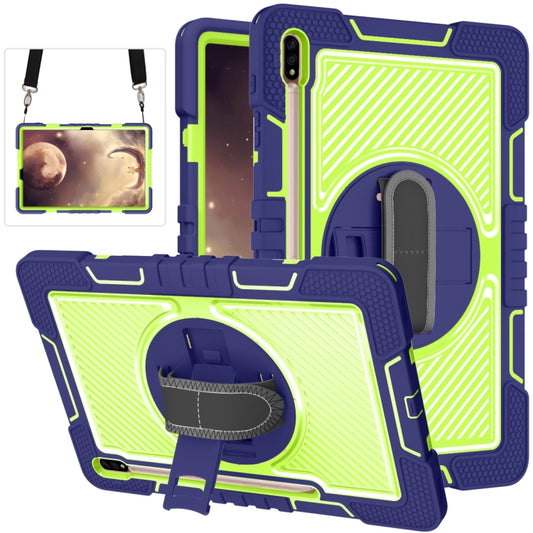 For Samsung Galaxy Tab S7 FE T730 / T735 / Tab S7+ T970 / T975 360 Degree Rotation Contrast Color Shockproof Silicone + PC Case with Holder & Hand Grip Strap & Shoulder Strap(Navy+Yellow Green) by buy2fix