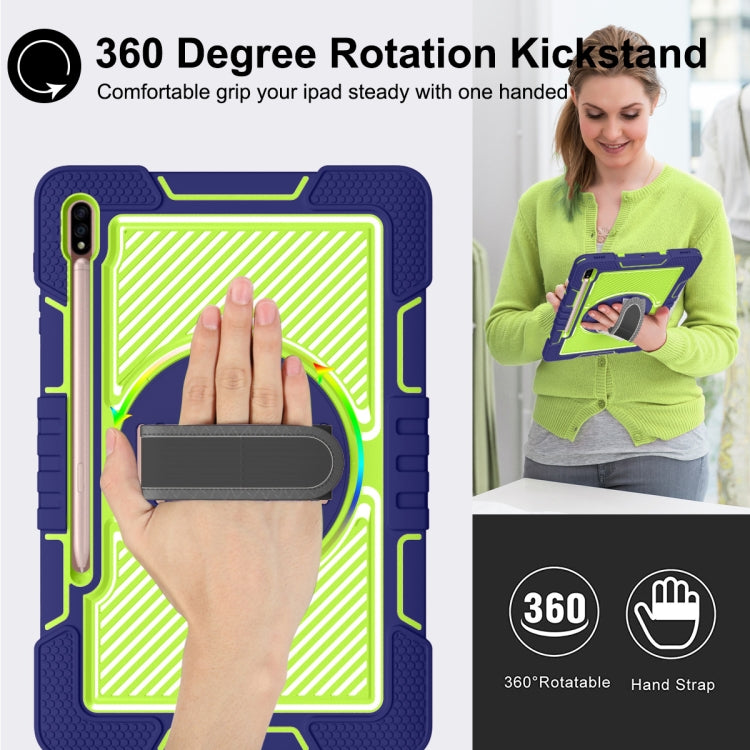 For Samsung Galaxy Tab S7 FE T730 / T735 / Tab S7+ T970 / T975 360 Degree Rotation Contrast Color Shockproof Silicone + PC Case with Holder & Hand Grip Strap & Shoulder Strap(Navy+Yellow Green) by buy2fix