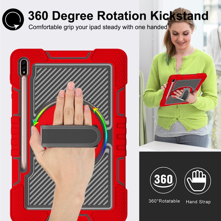 For Samsung Galaxy Tab S7 FE T730 / T735 / Tab S7+ T970 / T975 360 Degree Rotation Contrast Color Shockproof Silicone + PC Case with Holder & Hand Grip Strap & Shoulder Strap(Red+Black) by buy2fix