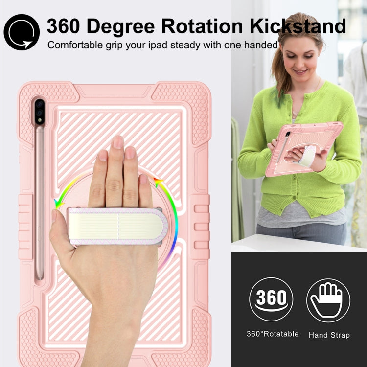 For Samsung Galaxy Tab S7 FE T730 / T735 / Tab S7+ T970 / T975 360 Degree Rotation Contrast Color Shockproof Silicone + PC Case with Holder & Hand Grip Strap & Shoulder Strap(Rose Gold) by buy2fix