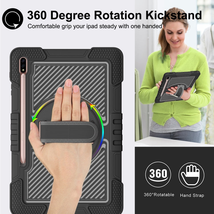 For Samsung Galaxy Tab S7 FE T730 / T735 / Tab S7+ T970 / T975 360 Degree Rotation Contrast Color Shockproof Silicone + PC Case with Holder & Hand Grip Strap & Shoulder Strap(Black) by buy2fix
