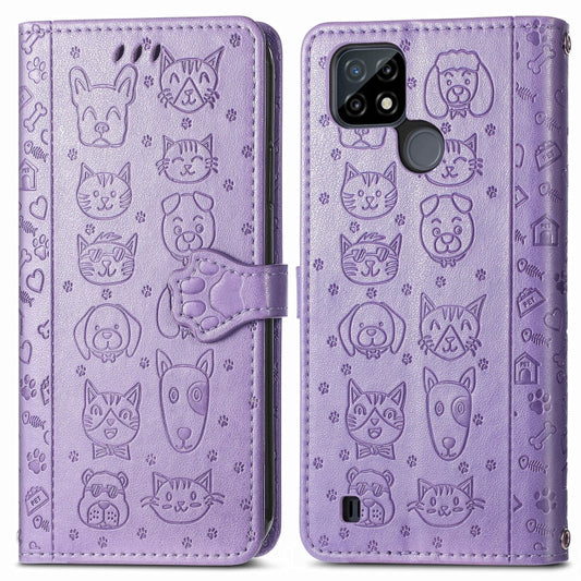 For OPPO Realme C21Y Cat and Dog Embossed Horizontal Flip Phone Leather Case with Holder & Card Slot & Wallet & Lanyard(Purple) by buy2fix