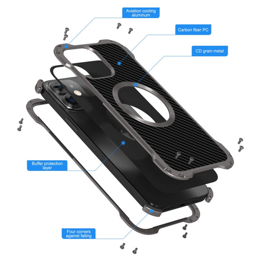 For iPhone 12 R-JUST RJ51 Hollow Shockproof Metal Protective Phone Case (Dark Grey) by R-JUST