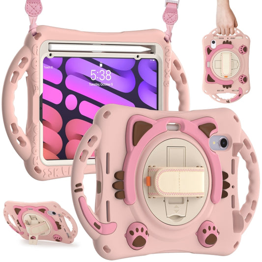 For iPad mini 6 / mini 2024 Cute Cat King Kids Shockproof Silicone Tablet Case with Holder & Shoulder Strap & Handle(Pink) - iPad mini 2024 Cases by buy2fix | Online Shopping UK | buy2fix