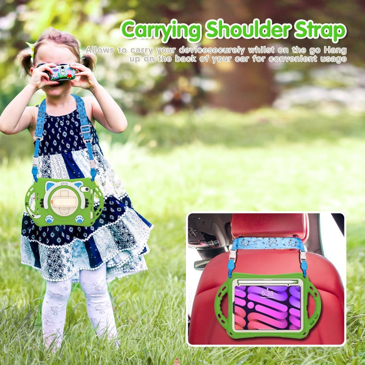For iPad mini 6 / mini 2024 Cute Cat King Kids Shockproof Silicone Tablet Case with Holder & Shoulder Strap & Handle(Green) - iPad mini 2024 Cases by buy2fix | Online Shopping UK | buy2fix