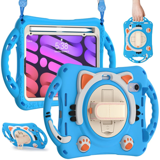 For iPad mini 6 / mini 2024 Cute Cat King Kids Shockproof Silicone Tablet Case with Holder & Shoulder Strap & Handle(Light Blue) - iPad mini 2024 Cases by buy2fix | Online Shopping UK | buy2fix