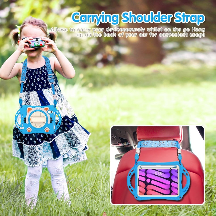 For iPad mini 6 / mini 2024 Cute Cat King Kids Shockproof Silicone Tablet Case with Holder & Shoulder Strap & Handle(Light Blue) - iPad mini 2024 Cases by buy2fix | Online Shopping UK | buy2fix