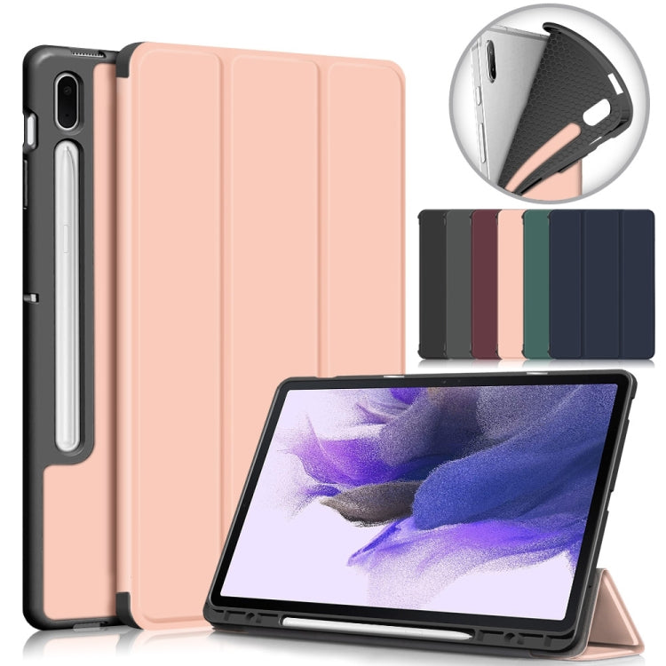For Samsung Galaxy Tab S7 FE 12.4 Solid Color TPU Horizontal Flip Tablet Leather Case with 3-Fold Holder & Sleep / Wake-up Function(Dark Green) by buy2fix