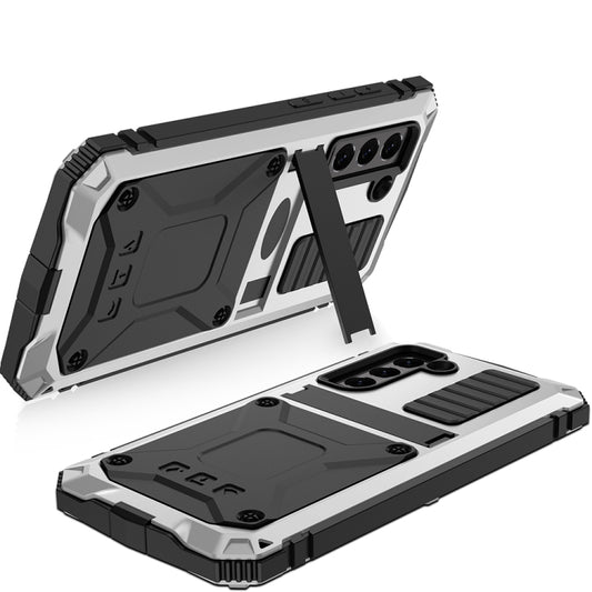 For Samsung Galaxy S21 FE R-JUST Rugged Phone Case with Holder(Silver) by R-JUST