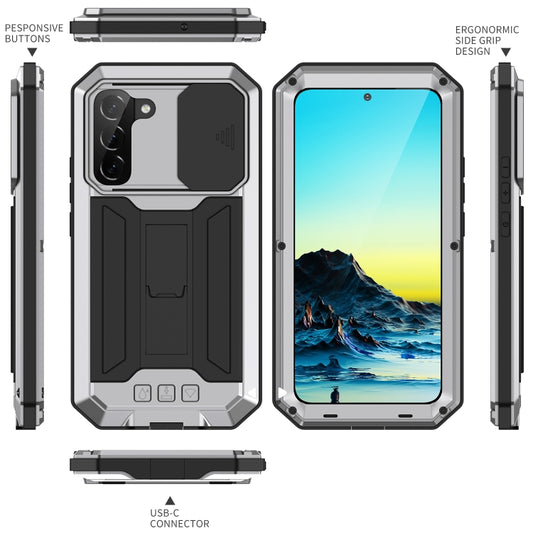 For Samsung Galaxy S22 5G R-JUST Sliding Camera Metal + Silicone Holder Phone Case(Silver) by R-JUST