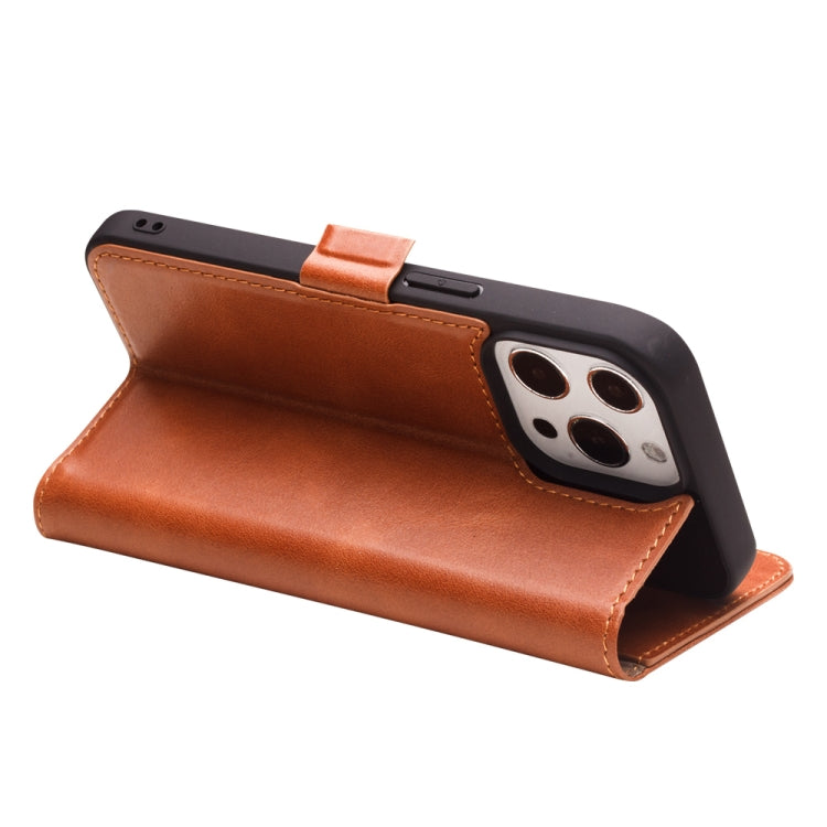 For iPhone 13 Pro Max QIALINO Magnetic Buckle Leather Phone Case (Brown) by QIALINO