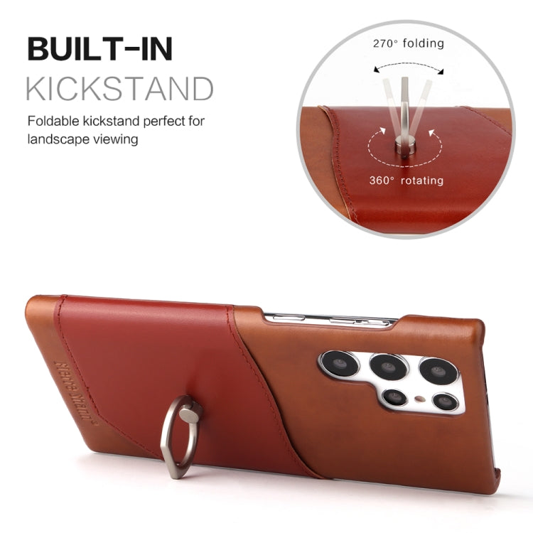 For Samsung Galaxy S22 Ultra 5G Fierre Shann Oil Wax Texture Genuine Leather Back Phone Case with 360 Degree Rotation Holder & Card Slot(Brown) - Galaxy S22 Ultra 5G Cases by FIERRE SHANN | Online Shopping UK | buy2fix