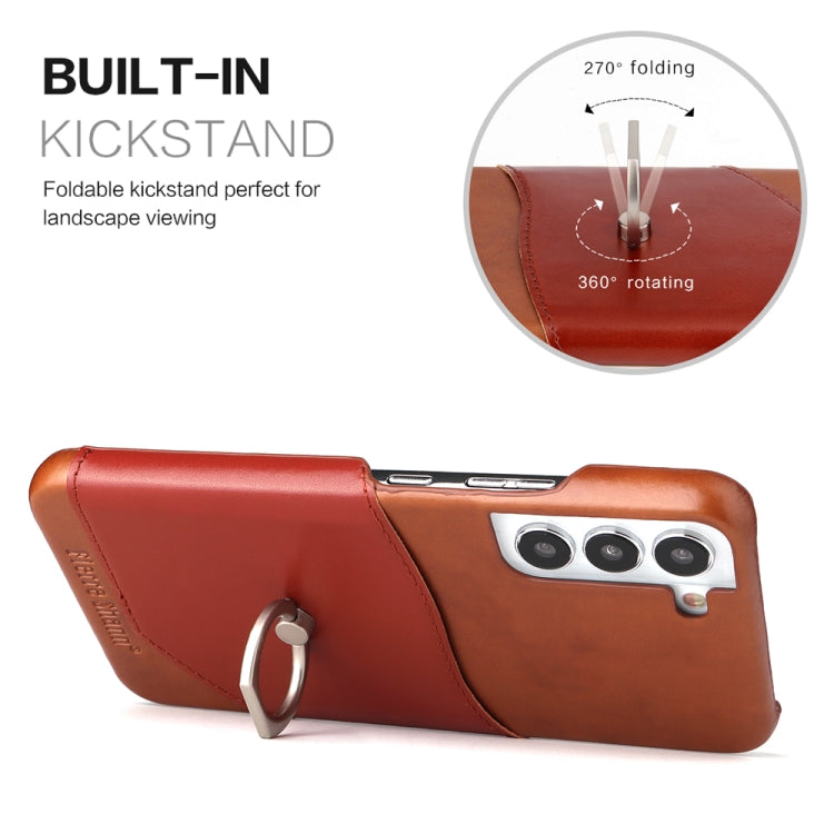 For Samsung Galaxy S22 5G Fierre Shann Oil Wax Texture Genuine Leather Back Phone Case with 360 Degree Rotation Holder & Card Slot(Brown) - Galaxy S22 5G Cases by FIERRE SHANN | Online Shopping UK | buy2fix