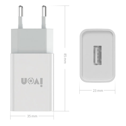 IVON AD-33 2 in 1 2.1A Single USB Port Travel Charger + 1m USB to USB-C / Type-C Data Cable Set, EU Plug(White) by IVON