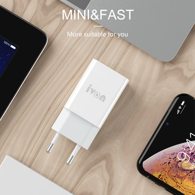 IVON AD-33 2 in 1 2.1A Single USB Port Travel Charger + 1m USB to USB-C / Type-C Data Cable Set, EU Plug(White) by IVON
