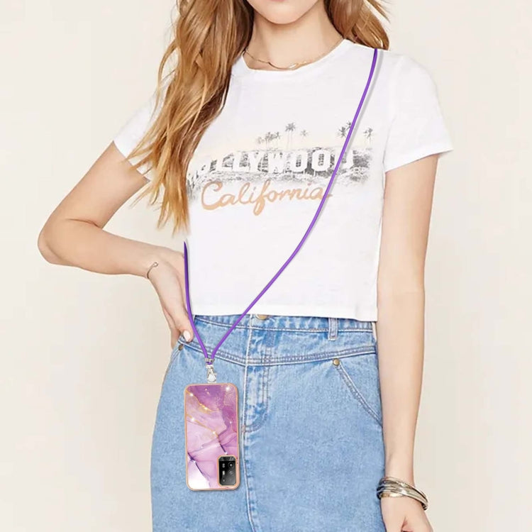 For OPPO A94 5G / A95 5G Electroplating Marble IMD TPU Phone Case with Lanyard(Purple 001) by buy2fix