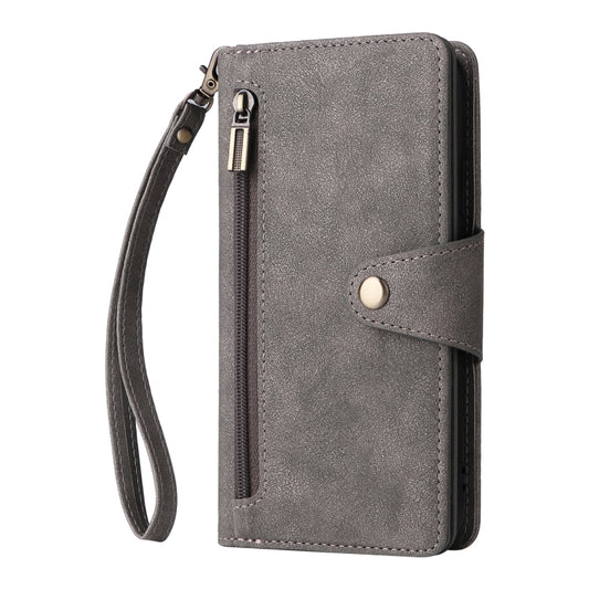 For Google Pixel 4 Rivet Buckle 9 Cards Three Fold Leather Phone Case(Grey) by buy2fix